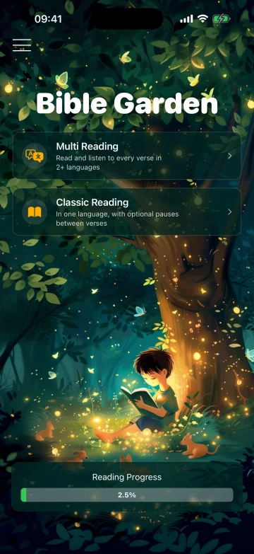Bible Garden home screen with reading modes and overall progress