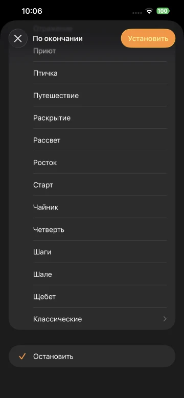 Таймер iPhone с действием «Остановить» по окончании