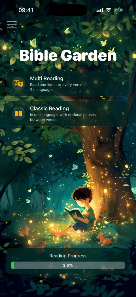 Bible Garden home screen with reading modes and overall progress