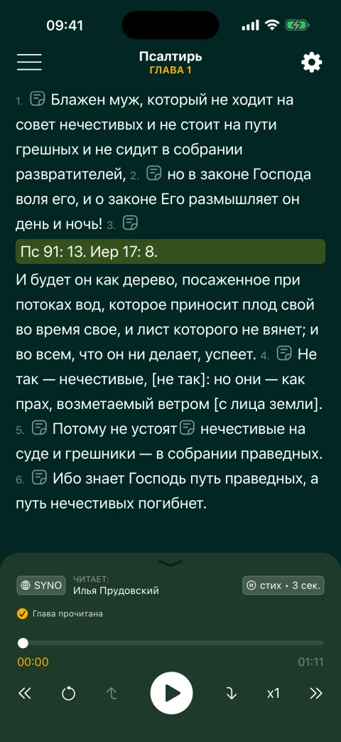 Псалом 1 в Синодальном переводе с открытой сноской Пс 91:13 и Иер 17:8