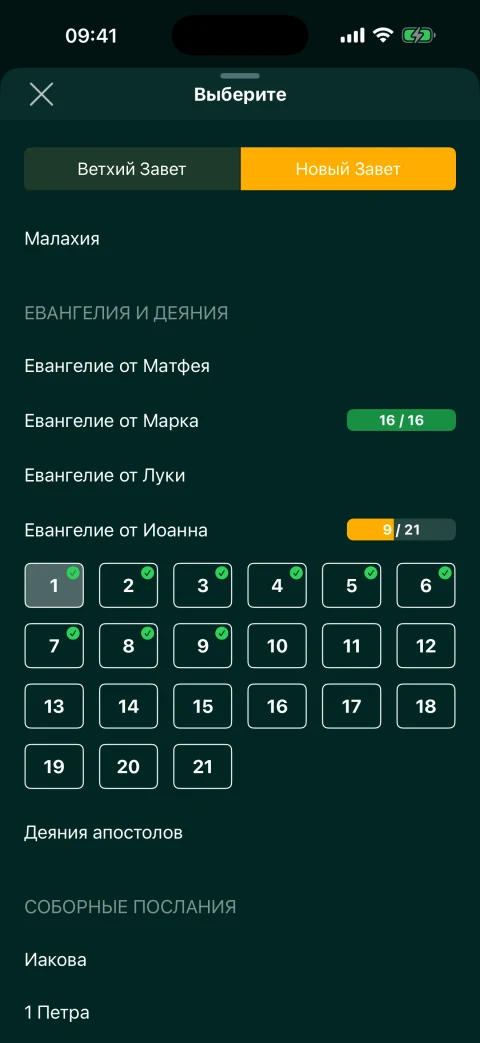 Выбор главы и отметки о прочитанных главах